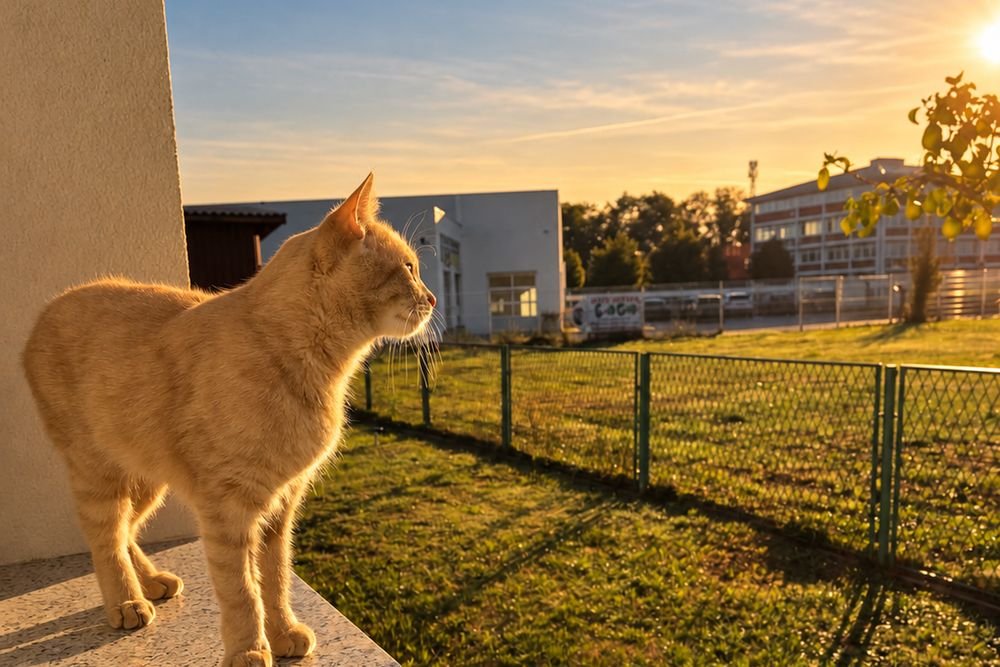 The house cat on the terrace wall in the evening sun