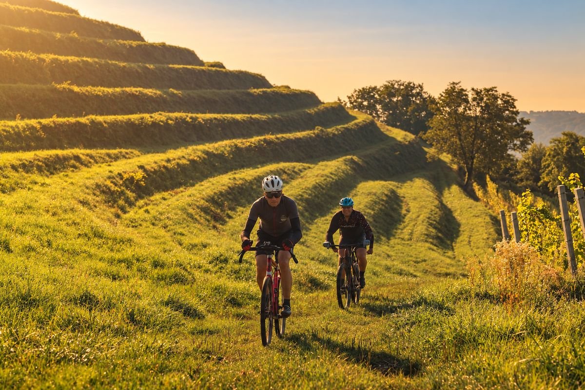 Cyclists on the grass track between the vineyard terraces