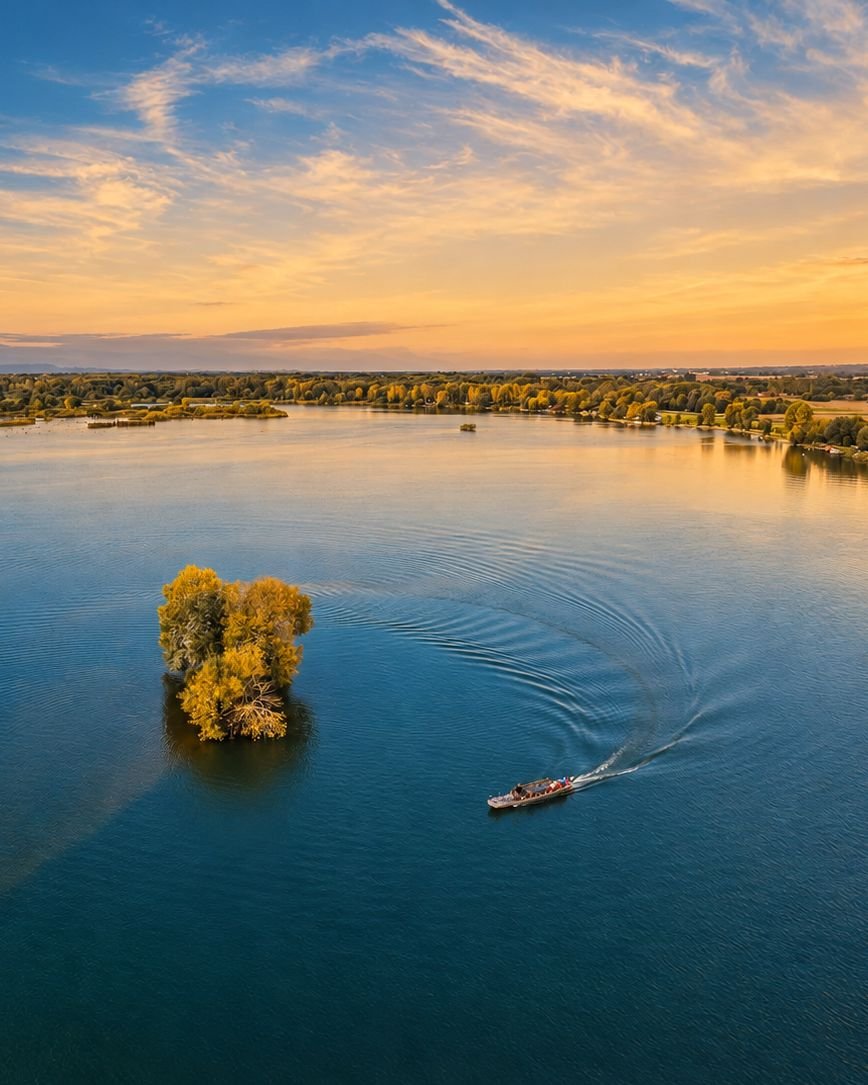 A boat crossing the open water at sunset