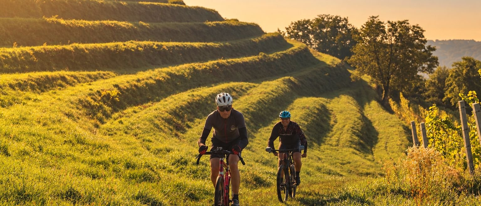 Two cyclists on the terraced vineyard hills