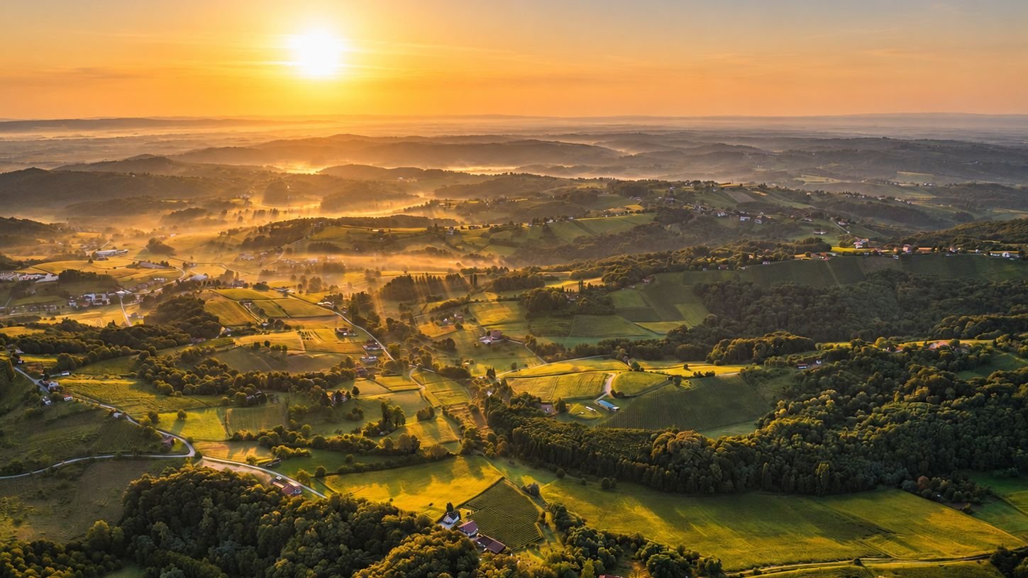 Sunrise over the rolling hills and fields of Međimurje