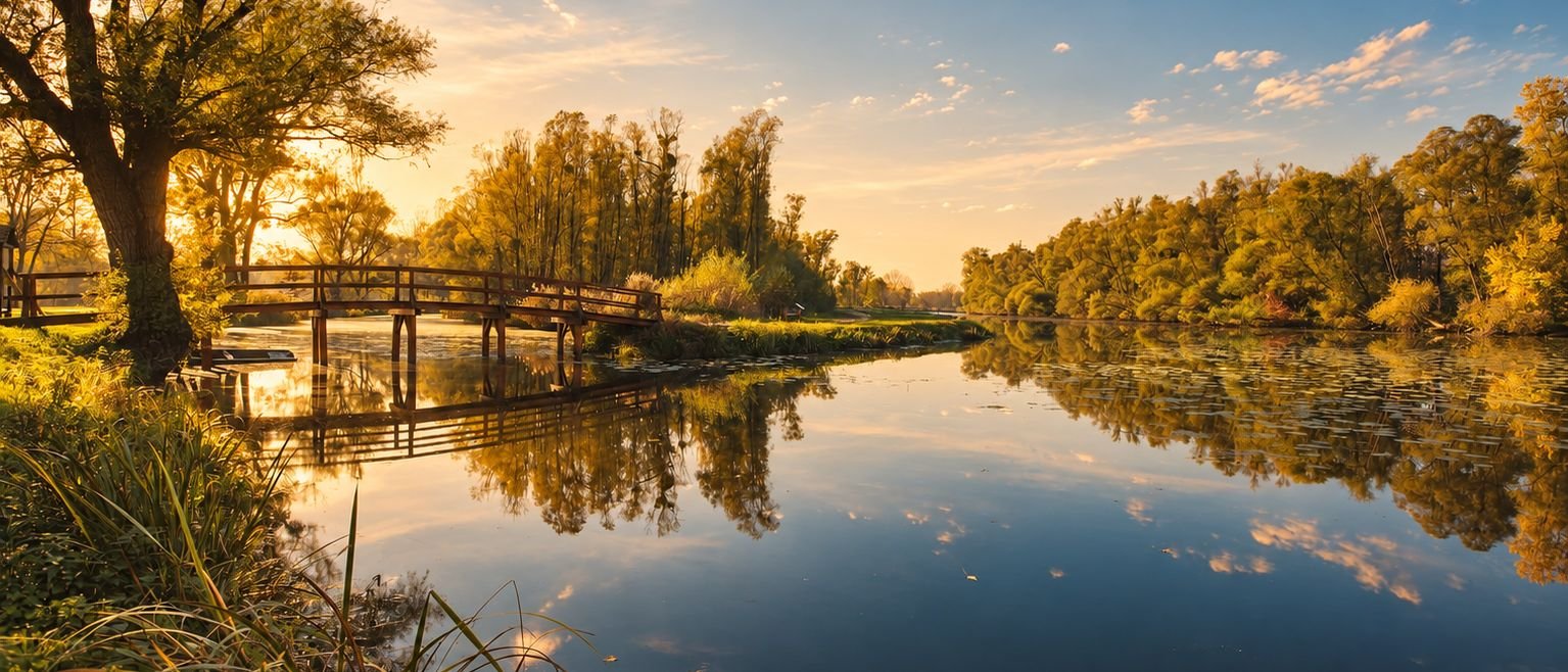 A wooden footbridge over still water at golden hour