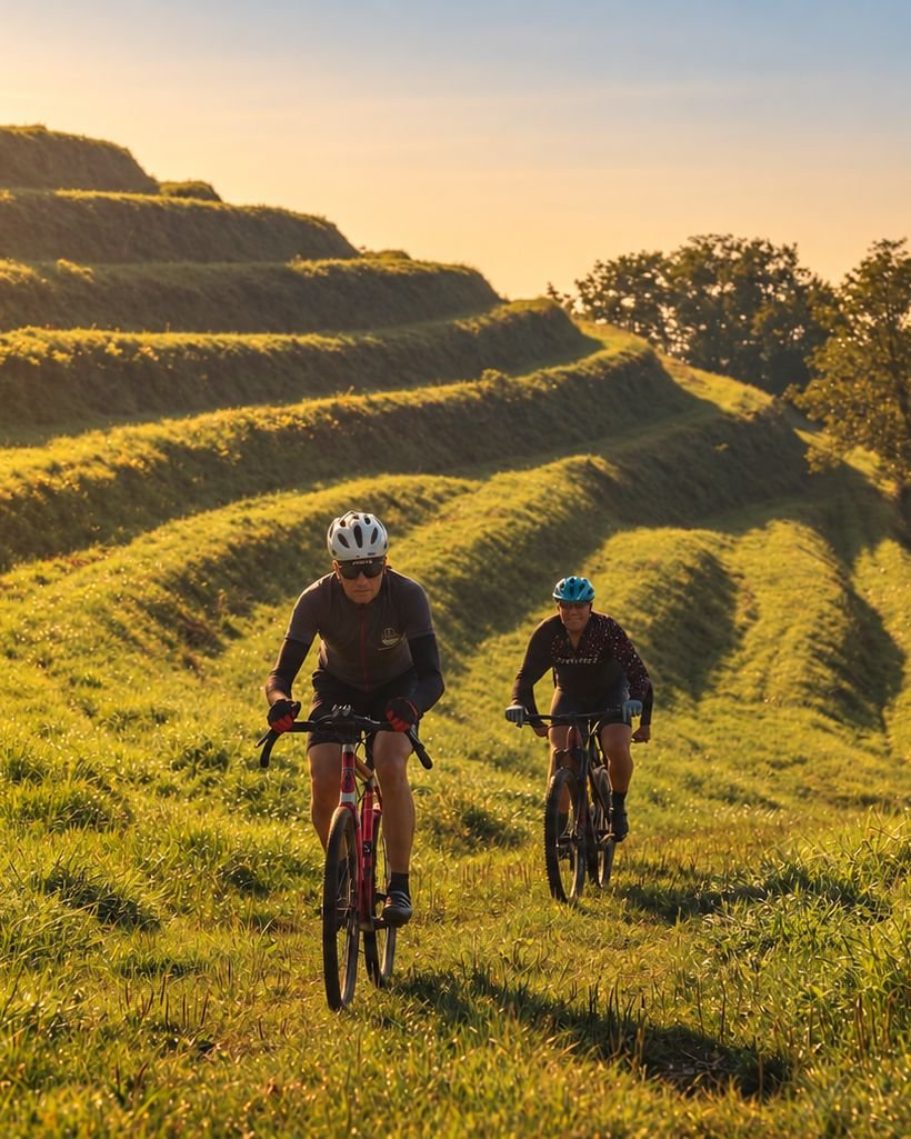 Two people riding together through the vineyard hills