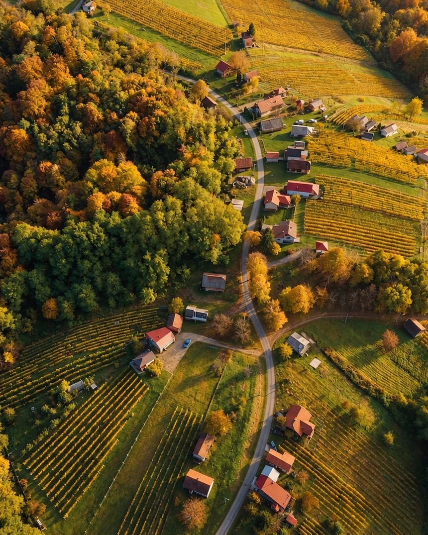Vineyard terraces, woodland and village houses in autumn