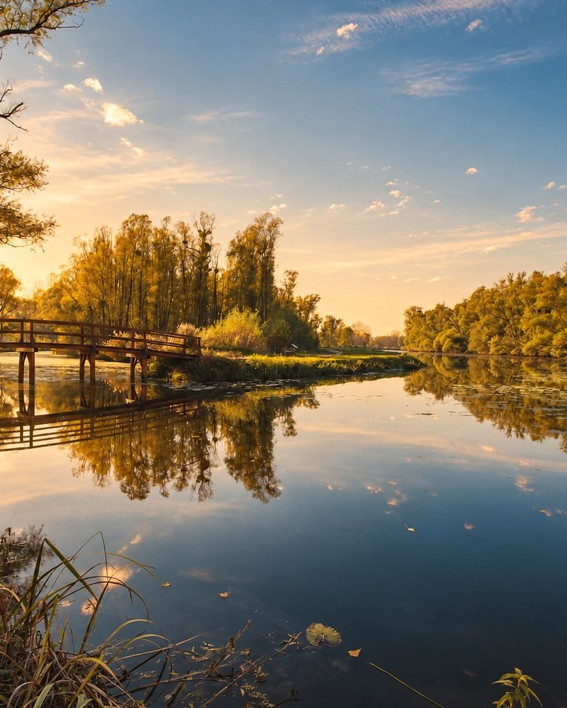 Still water, willows and a wooden bridge in the evening light
