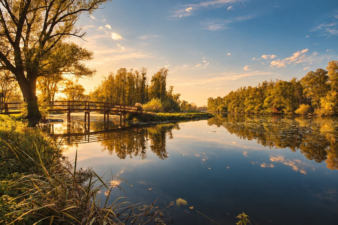 A wooden footbridge over the river, reflections in the still water